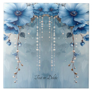 Blaue Blumen und Perlen Keramikfliese