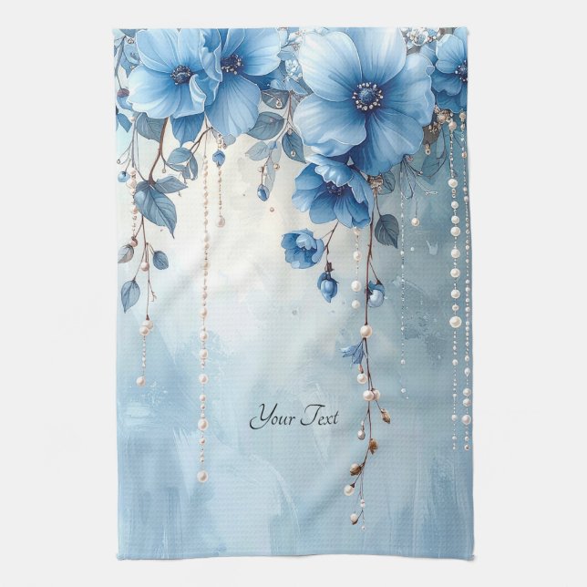 Blaue Blumen und Perlen Küchenhandtuch Geschirrtuch (Vertikal)