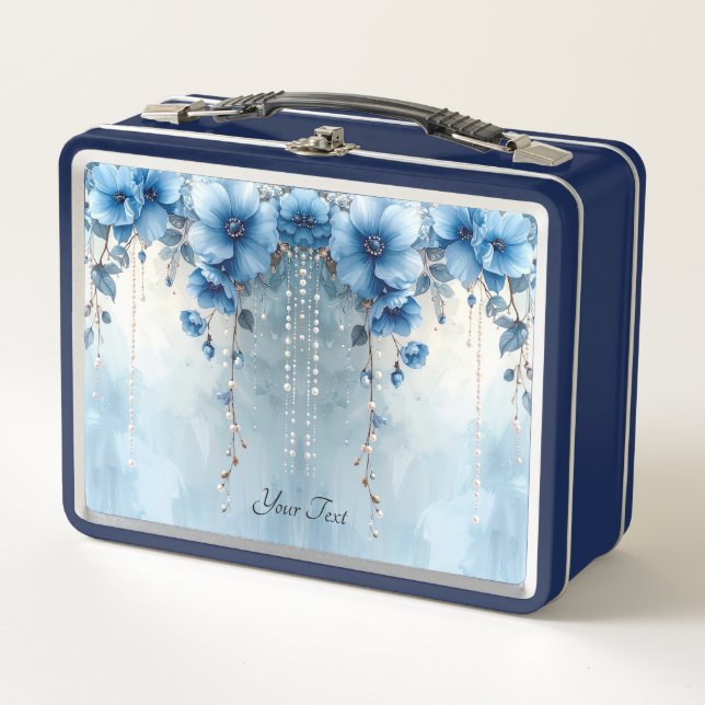 Blaue Blumen und Perlen Lunchbox (Vorderseite)