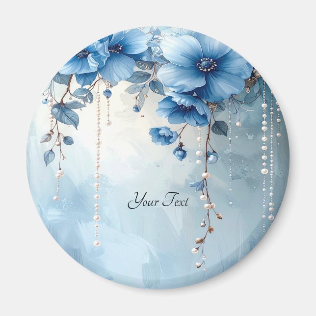 Blaue Blumen und Perlen Magnet (Vorne)