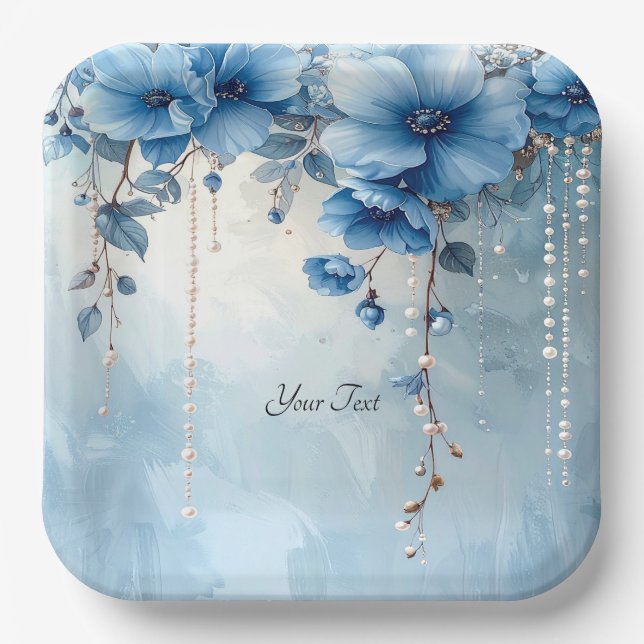 Blaue Blumen und Perlen Papierplatte Pappteller (Vorderseite)