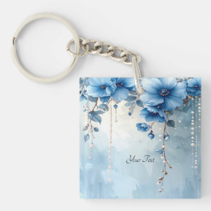 Blaue Blumen und Perlen Schlüsselanhänger