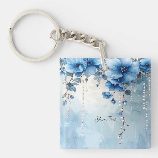 Blaue Blumen und Perlen Schlüsselanhänger (Vorderseite)