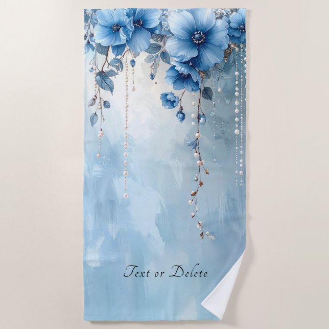 Blaue Blumen und Perlen Strandtuch (Vorderseite)