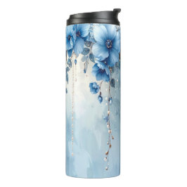 Blaue Blumen und Perlen Thermobecher Thermosbecher