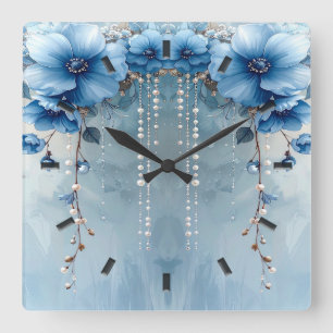 Blaue Blumen und Perlen Wanduhr