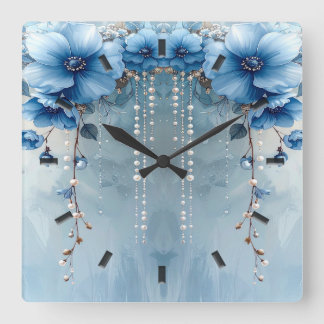 Blaue Blumen und Perlen Wanduhr