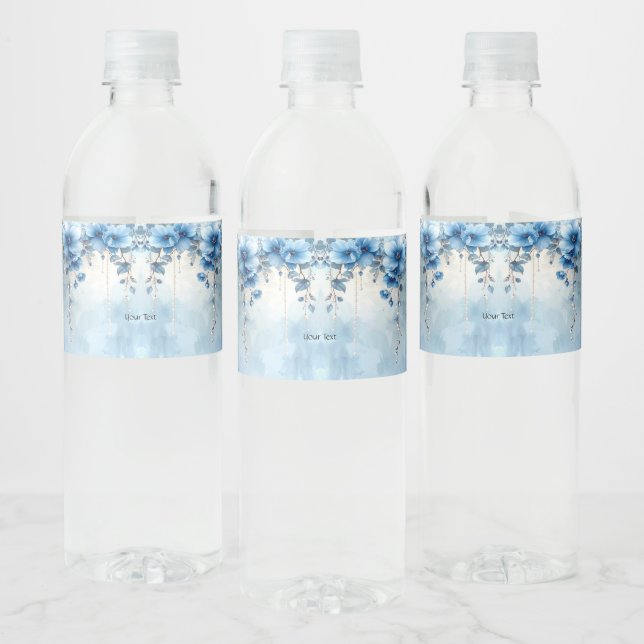Blaue Blumen und Perlen Wasserflaschenetikett (Flaschen)