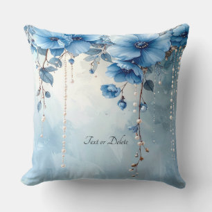Blaue Blumen und Perlen Wurfkissen Kissen