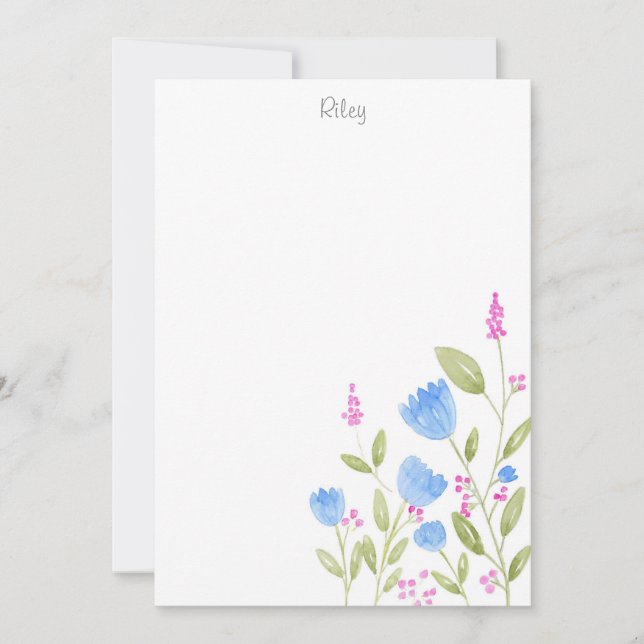 "Blaue Blumen und rosa Berries" Wasserfarbe Mitteilungskarte (Vorderseite)