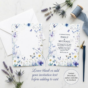 Blaue Blumen und Schmetterlinge leere Hochzeit Einladung