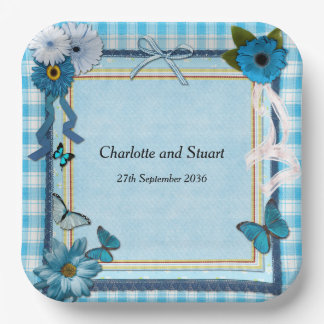 Blaue Blumen und Schmetterlinge Pappteller