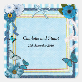 Blaue Blumen und Schmetterlinge Quadratischer Aufkleber