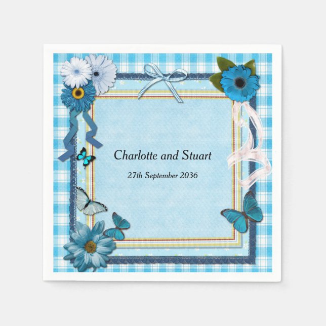 Blaue Blumen und Schmetterlinge Serviette (Vorderseite)