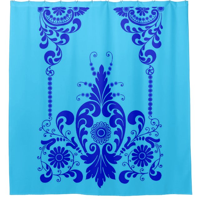 blaue Blumen und Schnörkel Druck Duschvorhang (Vorderseite)