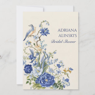 Blaue Blumen und Vögel im Vintage-Stil  Einladung