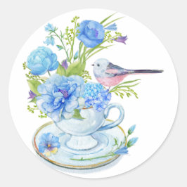 Blaue Blumen und Vogelteppich Runder Aufkleber