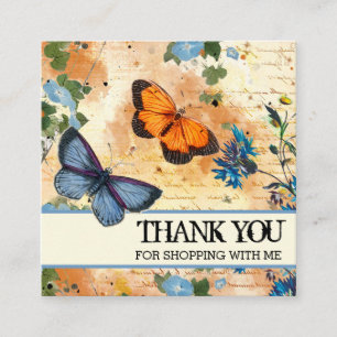 Blaue Blumen Vintage Schmetterling Danke Logo Quadratische Visitenkarte