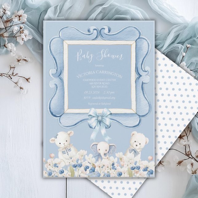 Blaue Blumen Vintage-Tiere  Baby Shower Einladung (Von Creator hochgeladen)