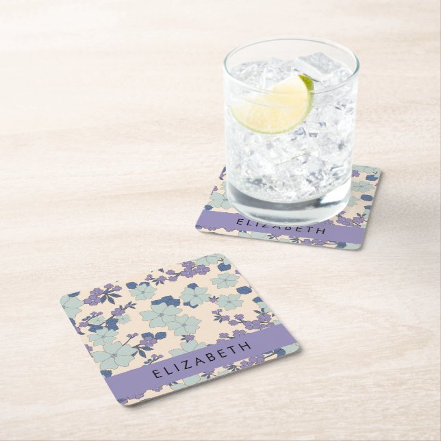 Blaue Blumen, violette Blumen, Blumen, Ihr Name Rechteckiger Pappuntersetzer (Vor Ort)