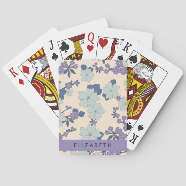 Blaue Blumen, violette Blumen, Blumen, Ihr Name Spielkarten (Rückseite)