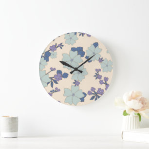 Blaue Blumen, violette Blumen, Blumenmuster Große Wanduhr