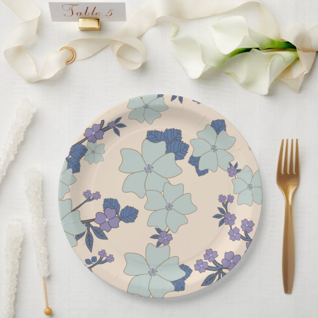 Blaue Blumen, violette Blumen, Blumenmuster Pappteller (Hochzeit)