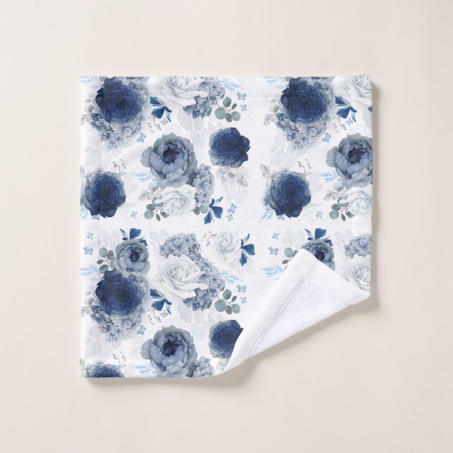 Blaue Blumen von Navy und Dusty Elegante Blumen Waschlappen (Waschlappen)