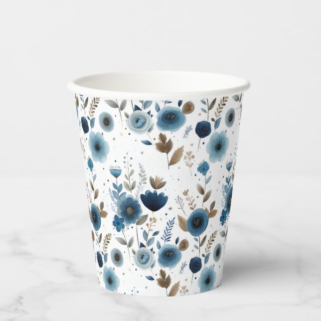Blaue Blumen Wasserfarbe Elegantes Muster Pappbecher (Vorderseite)
