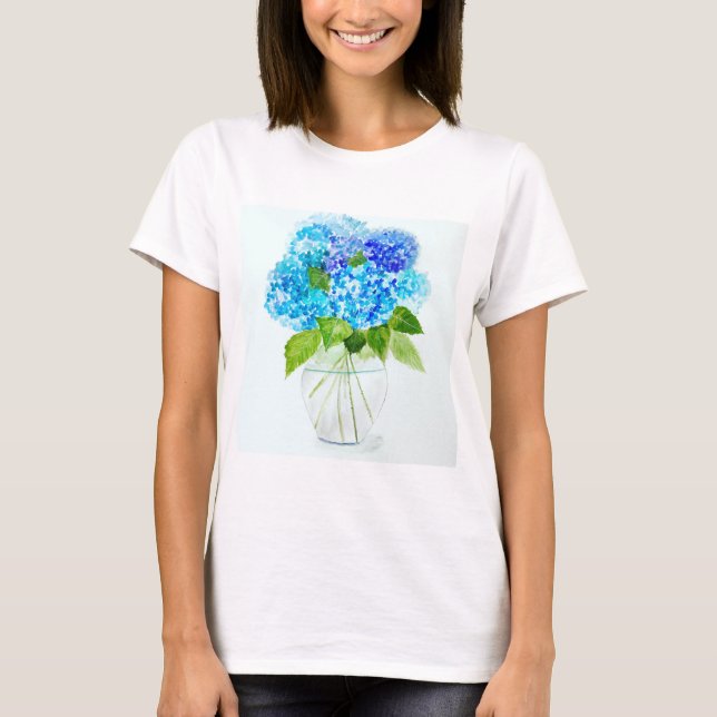 Blaue Blumen Wasserfarbe T-Shirt (Vorderseite)