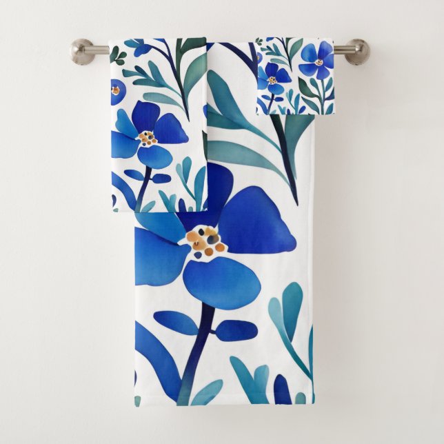 Blaue Blumen Wasserfarben Art Muster Badhandtuch Set (Insitu)