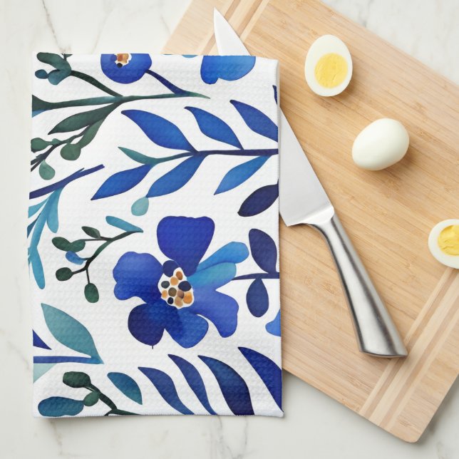 Blaue Blumen Wasserfarben Art Muster Geschirrtuch (Viertel Falte)