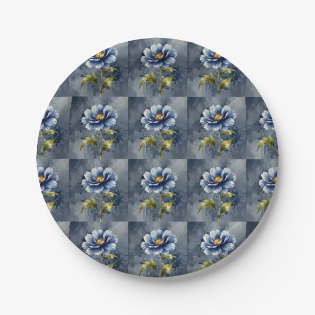 Blaue Blumen-Wasserfarben-Muster Pappteller (Vorderseite)