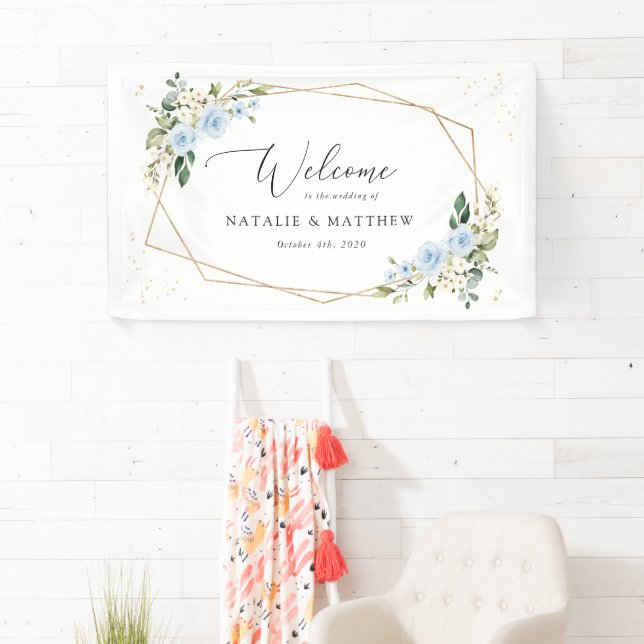 Blaue Blumen, weiße Blume, Boho, Begrüßung Banner (Insitu)