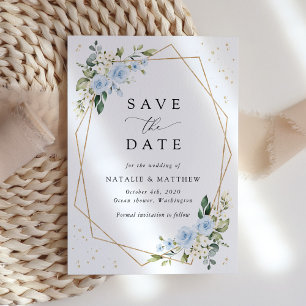 Blaue Blumen, weiße Blume, Grünpflanzen, Hochzeit Save The Date