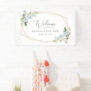 Blaue Blumen, Weiße Blumen, Boho, Hochzeitsbegrüßu Banner