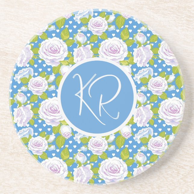 Blaue Blumen Weiße Rose Modische Monogramm-Initial Getränkeuntersetzer (Vorne)