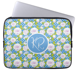 Blaue Blumen Weiße Rose Modische Monogramm-Initial Laptopschutzhülle
