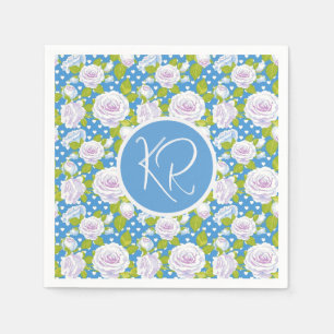 Blaue Blumen Weiße Rose Modische Monogramm-Initial Serviette