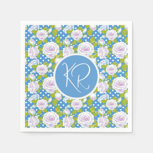 Blaue Blumen Weiße Rose Modische Monogramm-Initial Serviette (Vorderseite)
