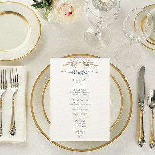 Blaue Blumen & Weizen Moderne Creme Hochzeit Menükarte