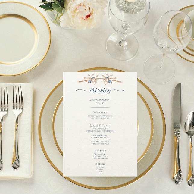 Blaue Blumen & Weizen Moderne Creme Hochzeit Menükarte (Blue Cornflowers & Wheat Modern Cream Wedding Menu)