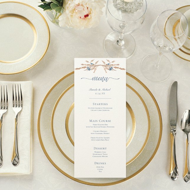 Blaue Blumen & Weizen Moderne Creme Hochzeit Menükarte (Blue Cornflowers & Wheat Modern Cream Wedding Menu)