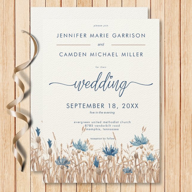 Blaue Blumen & Weizenfeld Moderne Hochzeit Einladung (Blue Cornflowers & Wheat Field Modern Wedding Invitation)