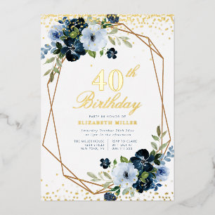 blaue Blumen zum 40. Geburtstag in Gold Folieneinladung