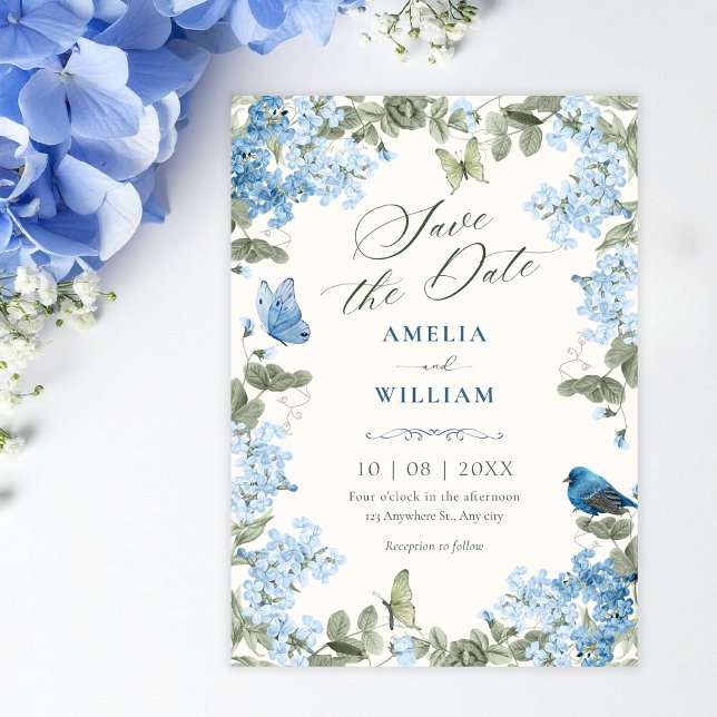 Blaue Blumen Zweig Schmetterlinge Vogel  Save The Date (Von Creator hochgeladen)