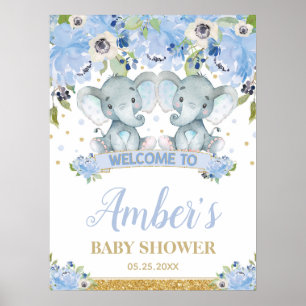 Blaue Blumen-Zwillinge Jungen Elefant Baby Shower Poster