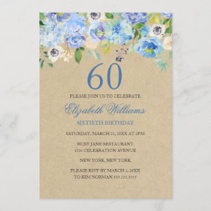 Blaue Blumenaquarell-Einladung zum 60. Geburtstag Einladung