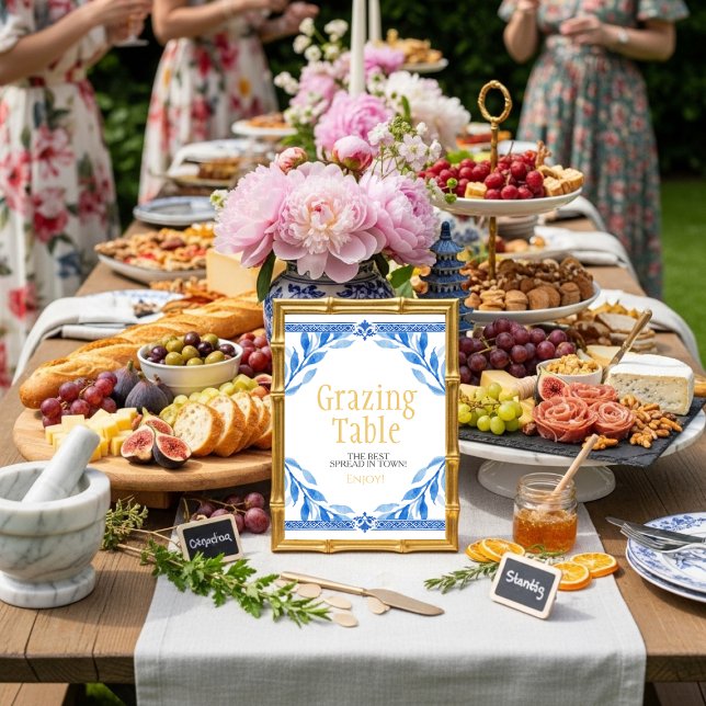 blaue Blumenblätter "Grazing Table" Schild Einladung (blue floral leaves "Grazing Table" Sign)