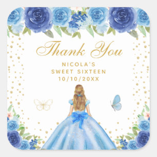 Blaue Blumenblondhaar-Prinzessin Sweet Sixteen Quadratischer Aufkleber